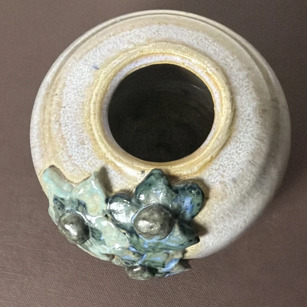 Handmade Studio Art Pottery Squat Vase Sculpted Applied Flowers Wabi Sabi Vessel